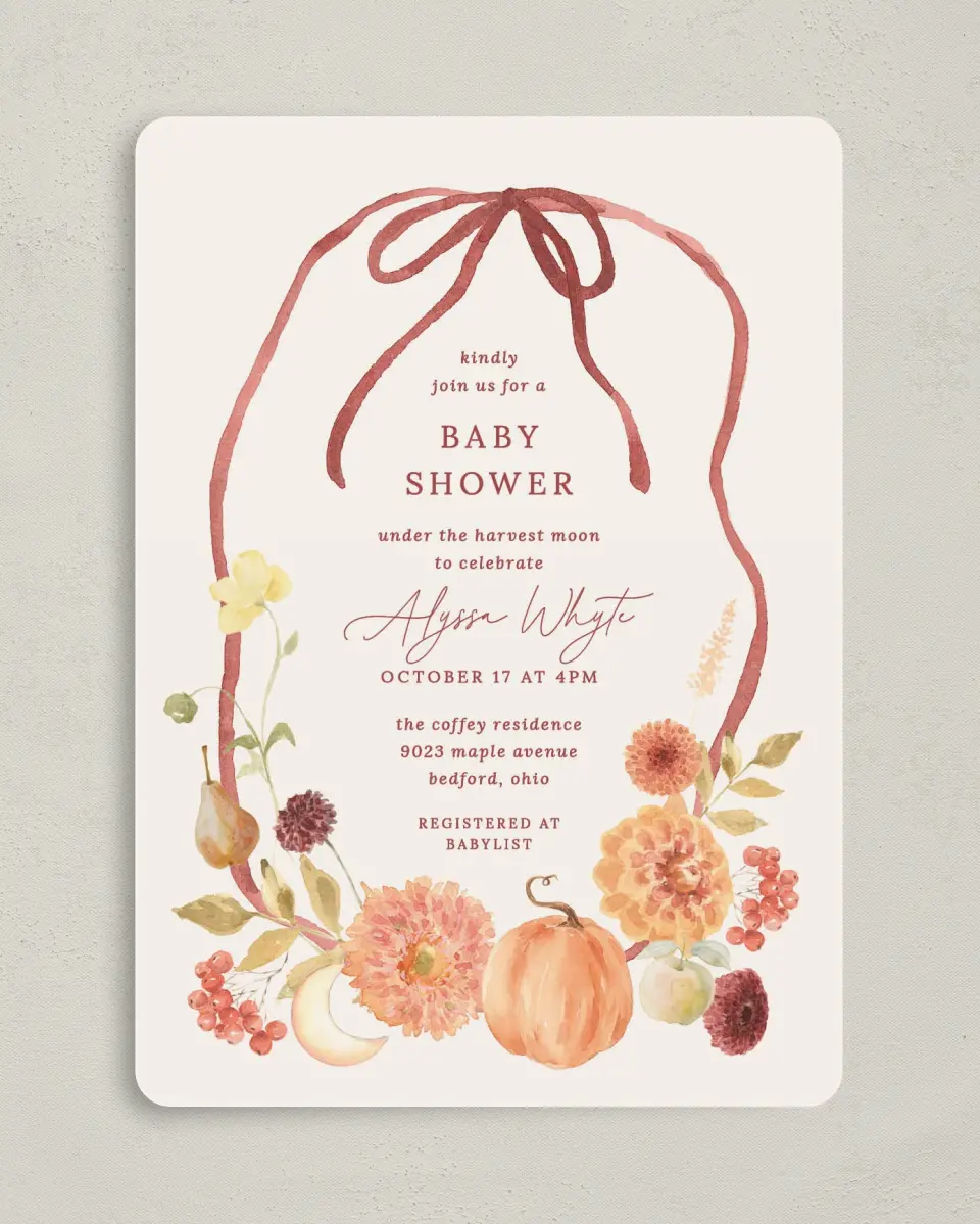 This is a 5" x 7" Baby Shower Invitation called Harvest Moon printed in full color with Gold foil on Luxe Satin (coated) paper