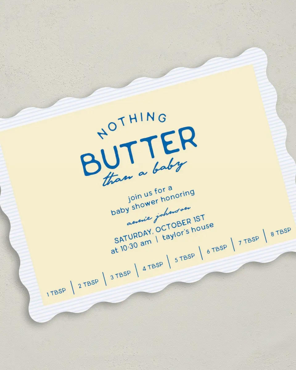 This is a 5" x 7" Baby Shower Invitation called Nothing Butter printed in full color on Premium Smooth paper