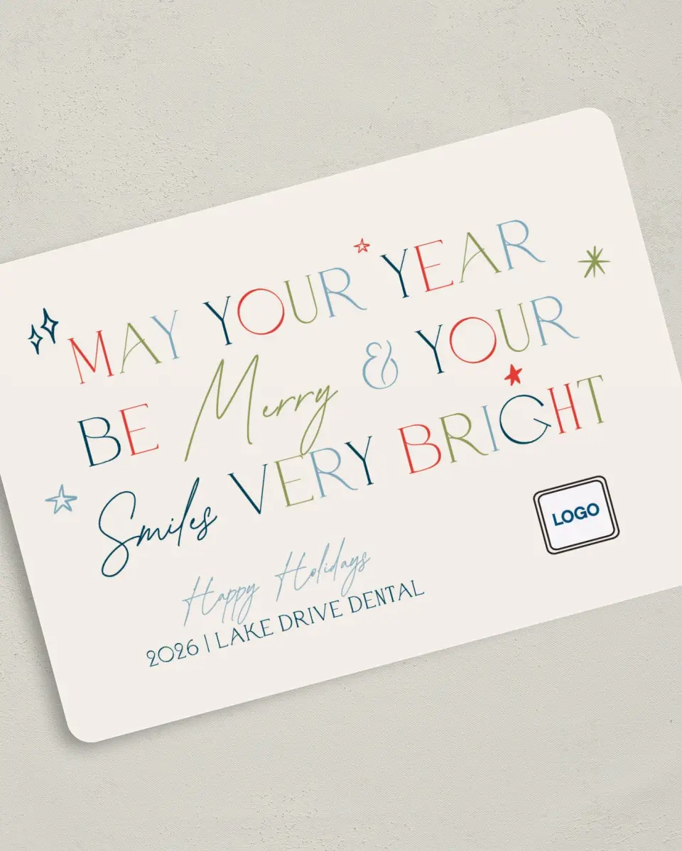 This is a 5" x 7" Christmas Card called Bright Smiles printed in full color with Gold foil on Soft Suede (coated) paper