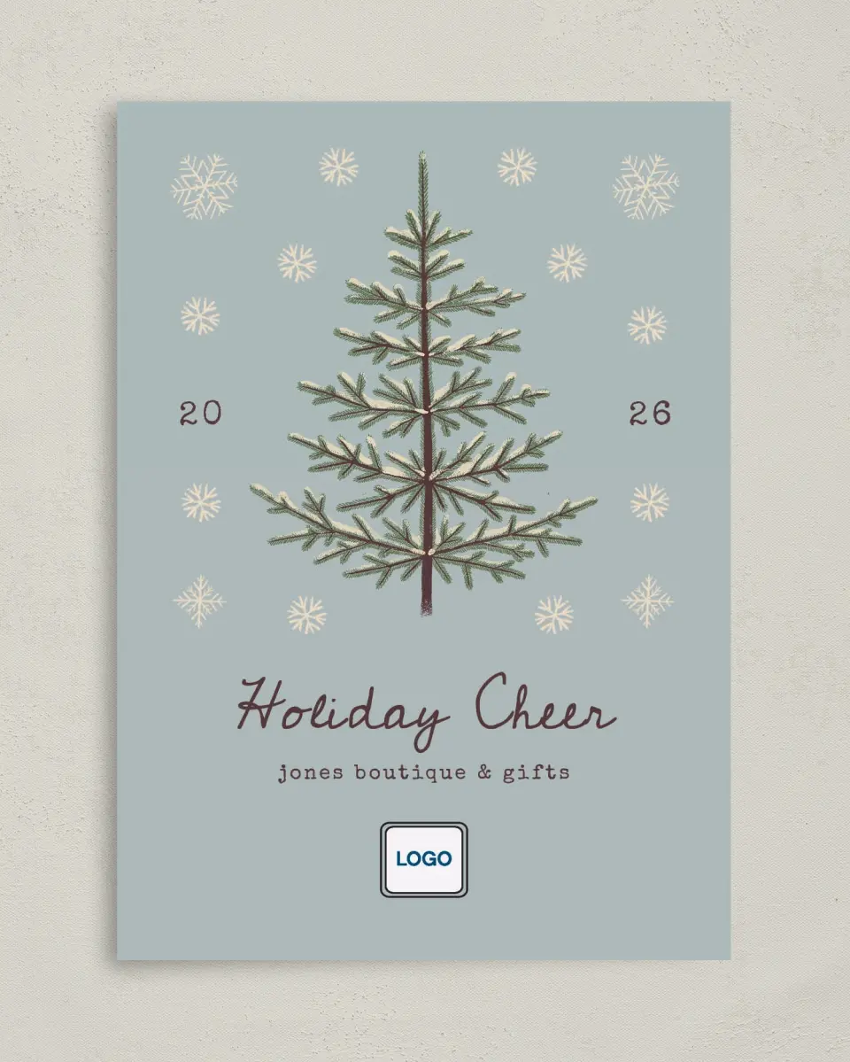 This is a 5" x 7" Christmas Card called Sophisticated Snow printed in full color with Rose Gold foil on Soft Suede (coated) paper