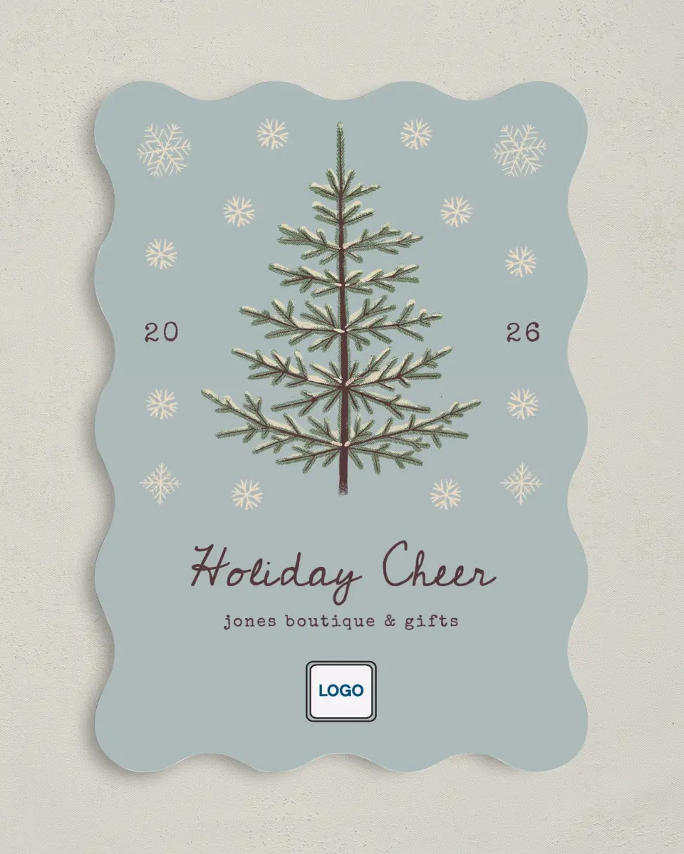 This is a 5" x 7" Christmas Card called Sophisticated Snow printed in full color with Silver foil on Soft Suede (coated) paper