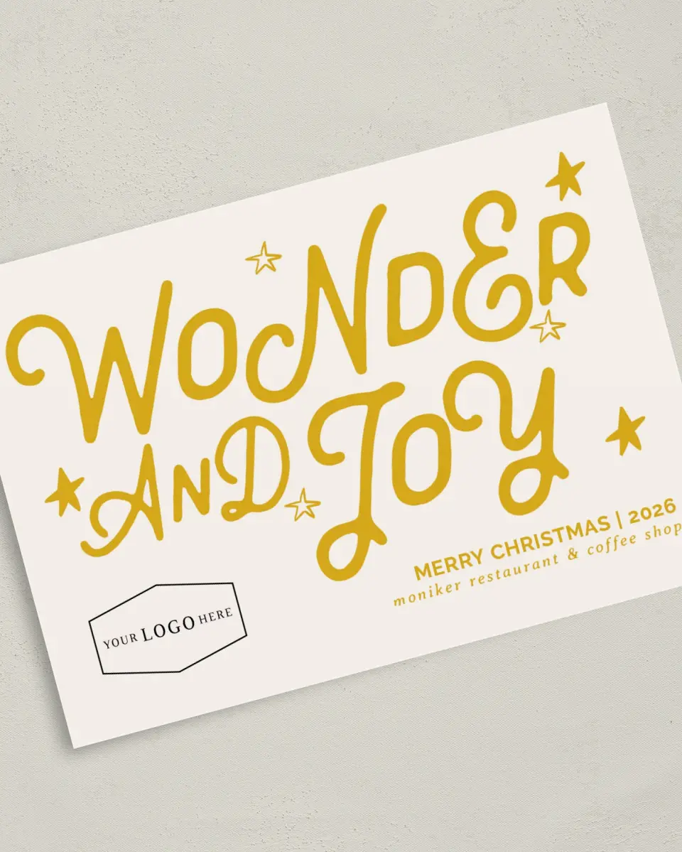 This is a 5" x 7" Christmas Card called Wonder & Joy printed in full color with Gold foil on Soft Suede (coated) paper