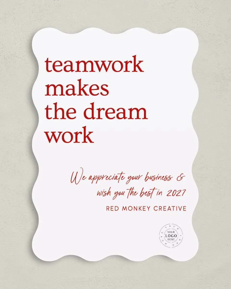 This is a 5" x 7" Christmas Card called Teamwork Dream Work printed in full color with Silver foil on Soft Suede (coated) paper