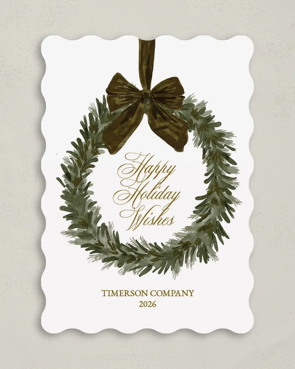This is a 5" x 7" Christmas Card called Company Wreath printed in full color on Premium Smooth paper