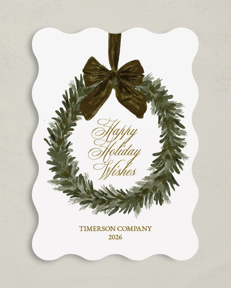 This is a 5" x 7" Christmas Card called Company Wreath printed in full color on Premium Smooth paper