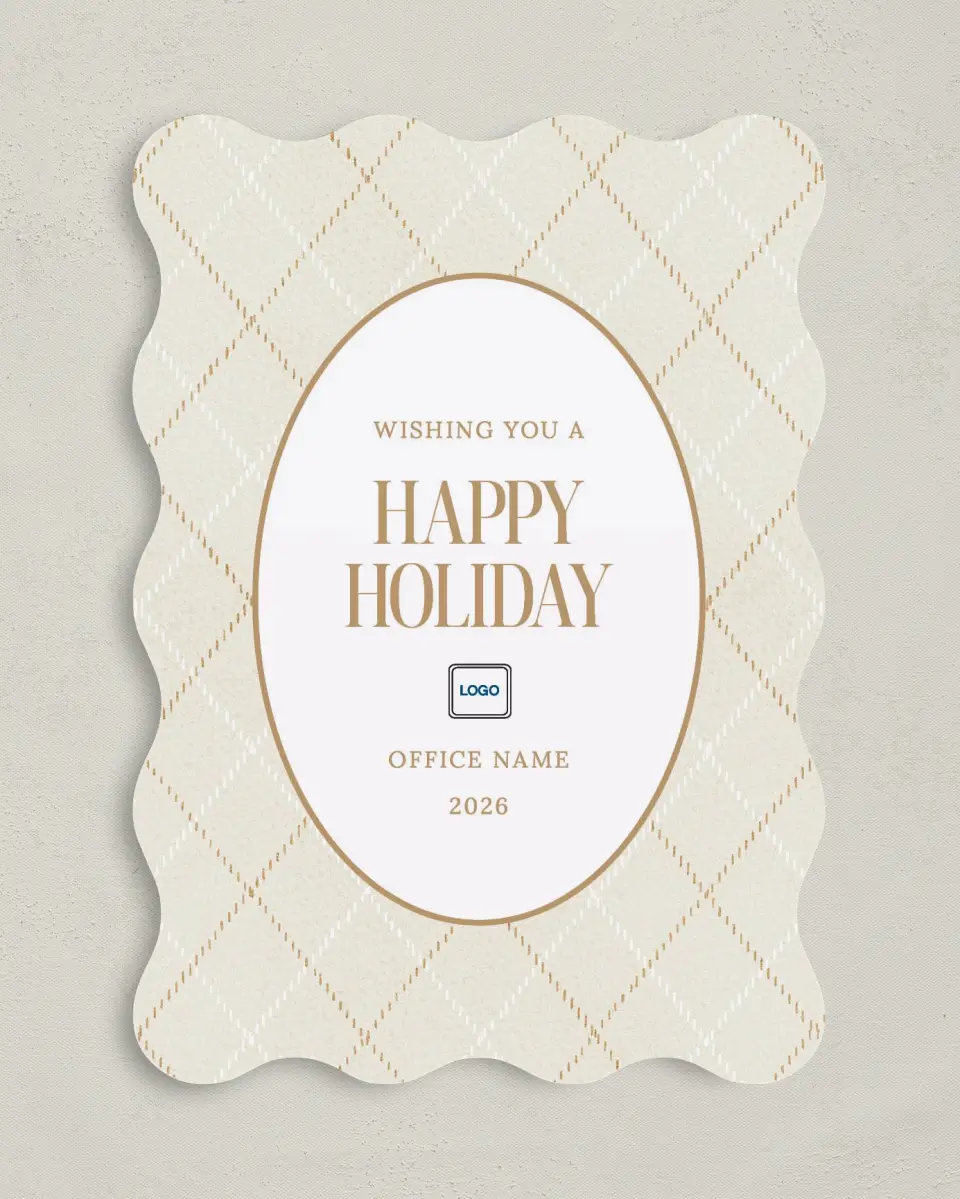 This is a 5" x 7" Christmas Card called Plaid Pattern printed in full color with Silver foil on Soft Suede (coated) paper
