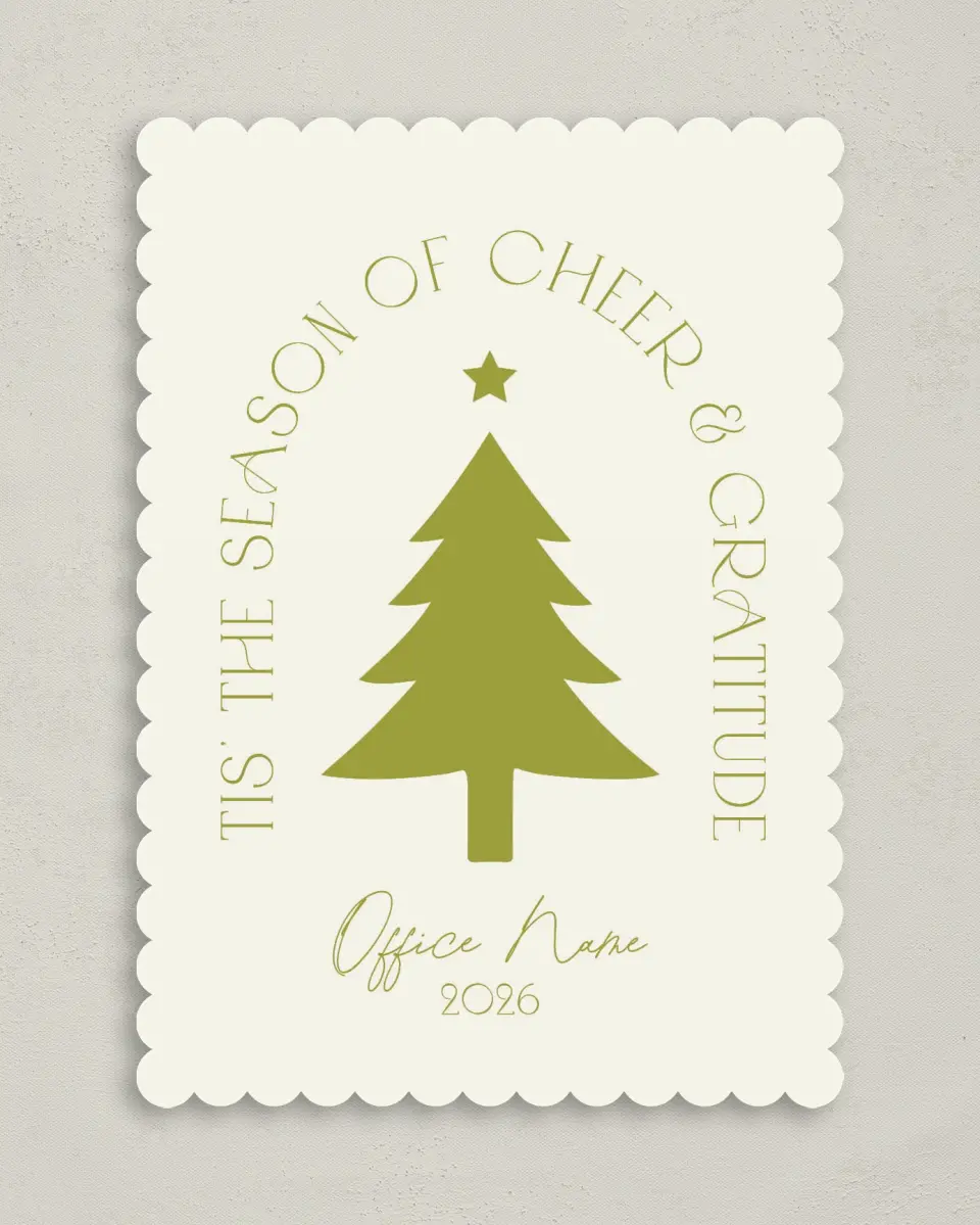 This is a 5" x 7" Christmas Card called Cheer & Gratitude printed in full color on Premium Smooth paper on Premium Smooth paper on Premium Smooth paper