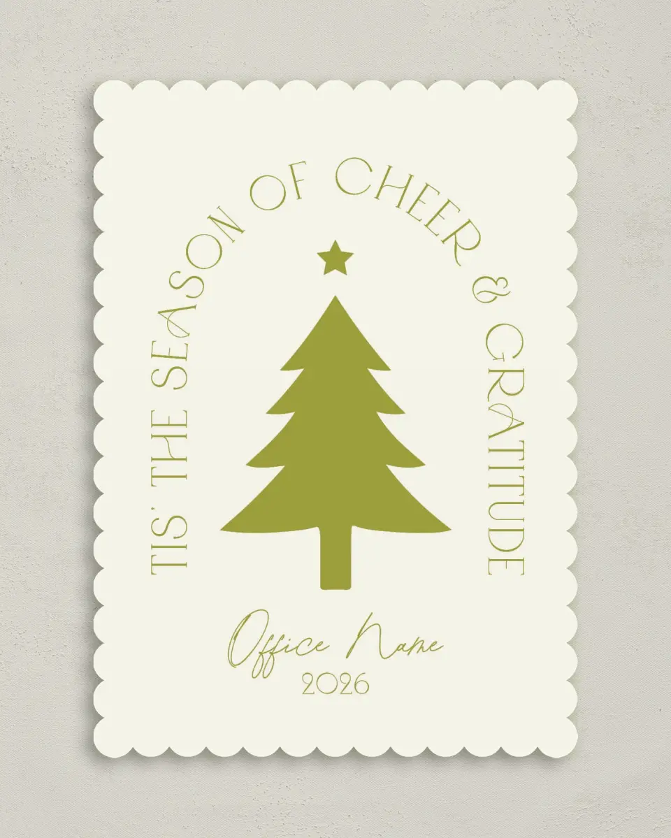 This is a 5" x 7" Christmas Card called Cheer & Gratitude printed in full color on Premium Smooth paper on Premium Smooth paper on Premium Smooth paper