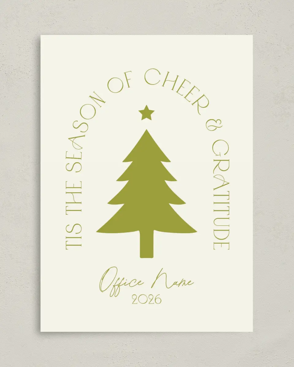 This is a 5" x 7" Christmas Card called Cheer & Gratitude printed in full color on Premium Smooth paper
