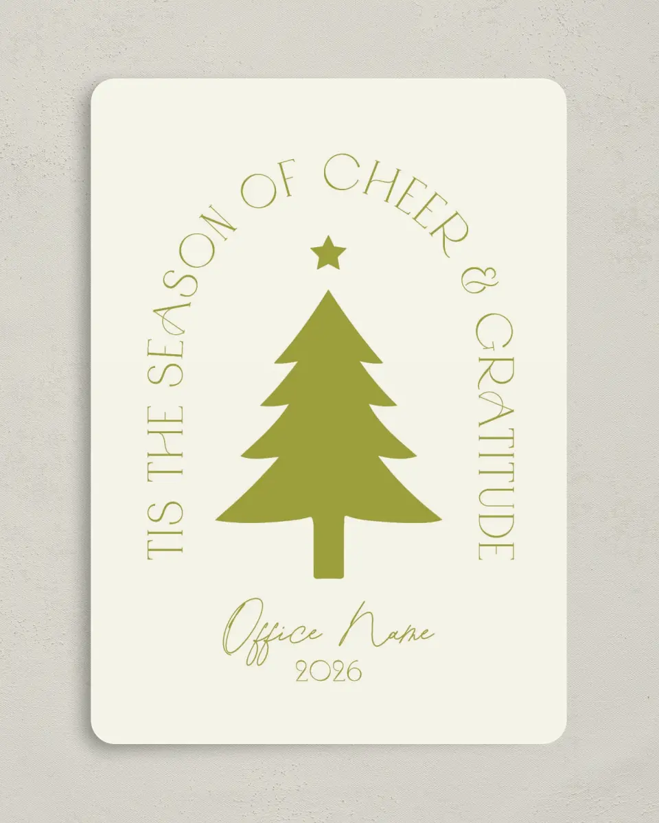This is a 5" x 7" Christmas Card called Cheer & Gratitude printed in full color on Premium Smooth paper