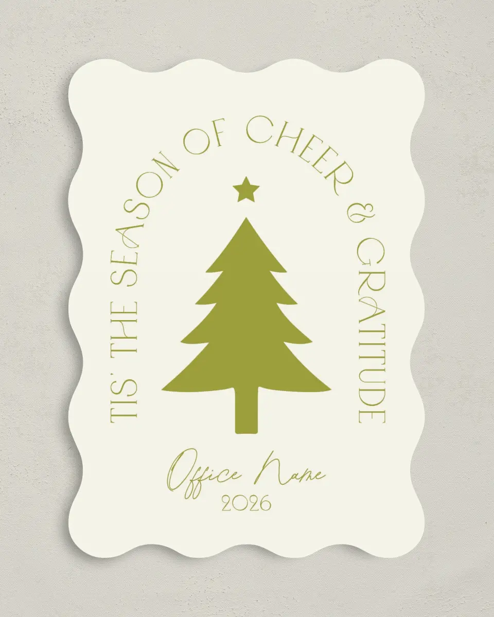This is a 5" x 7" Christmas Card called Cheer & Gratitude printed in full color with Silver foil on Soft Suede (coated) paper