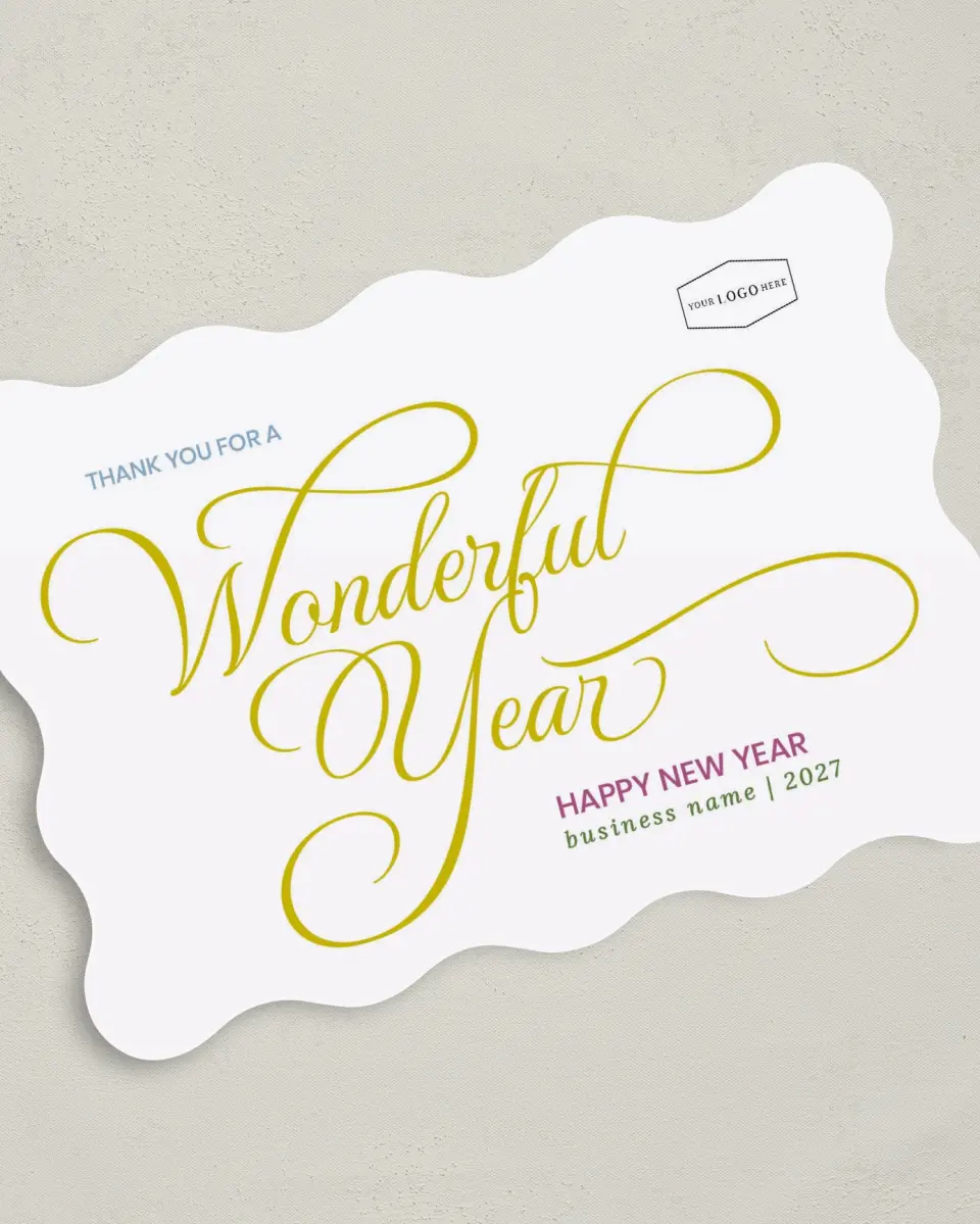This is a 5" x 7" Christmas Card called A Wonderful Year printed in full color with Silver foil on Soft Suede (coated) paper