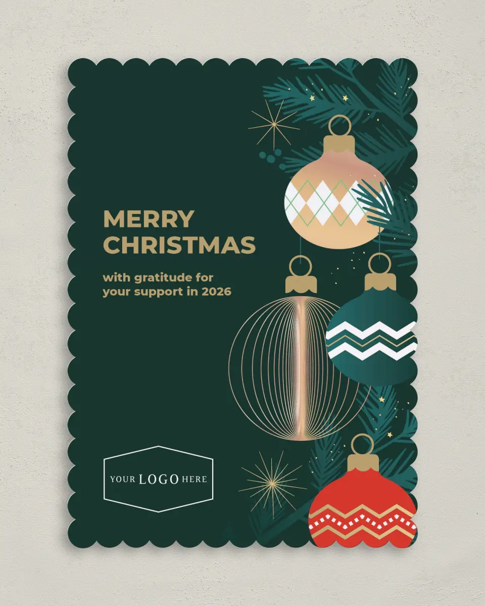 This is a 5" x 7" Christmas Card called Ornament Glow printed in full color on Premium Smooth paper on Premium Smooth paper on Premium Smooth paper