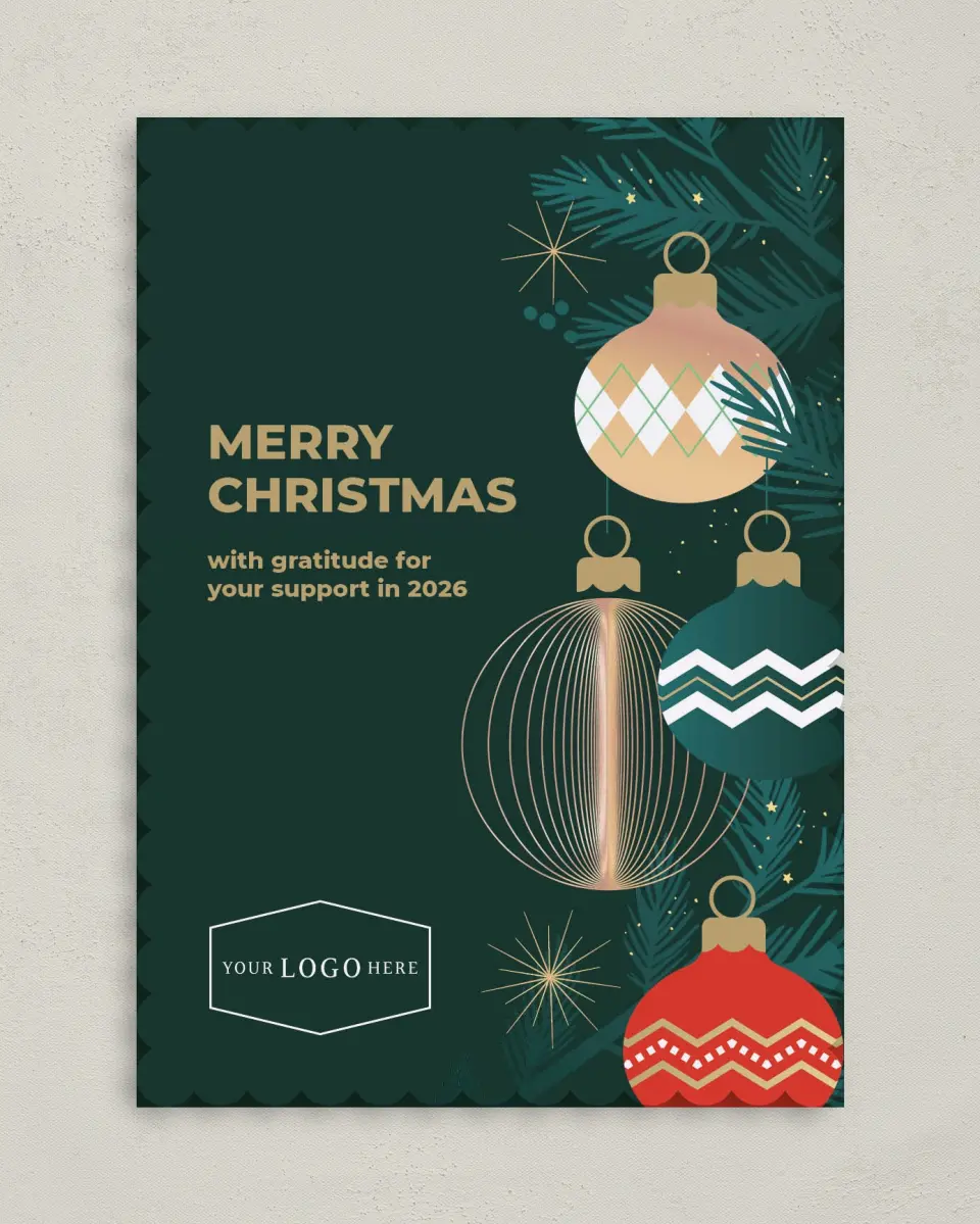 This is a 5" x 7" Christmas Card called Ornament Glow printed in full color on Premium Smooth paper on Premium Smooth paper on Premium Smooth paper