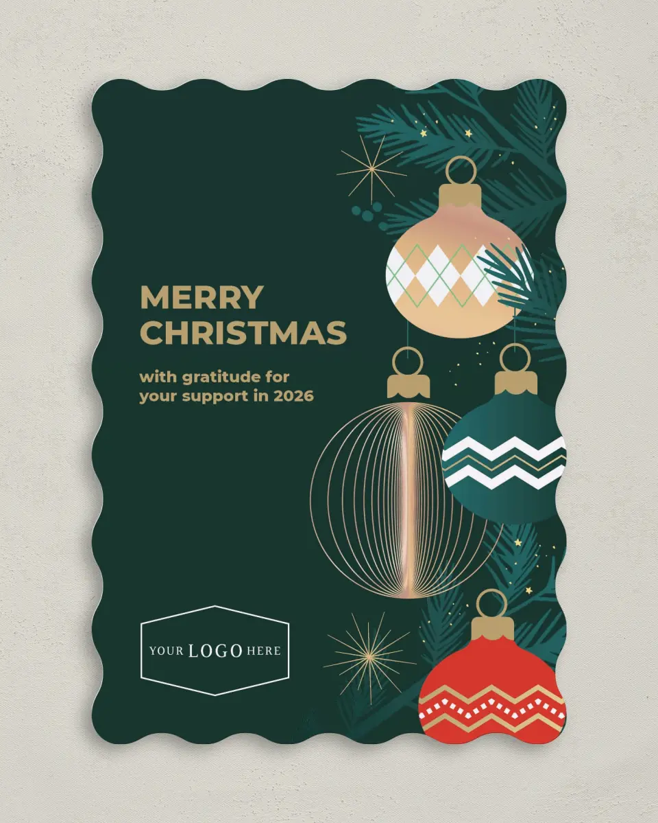 This is a 5" x 7" Christmas Card called Ornament Glow printed in full color on Premium Smooth paper
