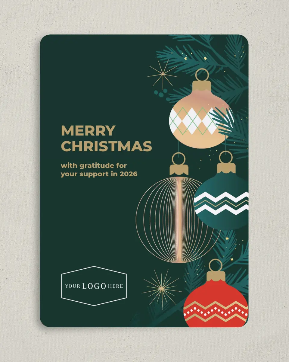 This is a 5" x 7" Christmas Card called Ornament Glow printed in full color on Premium Smooth paper