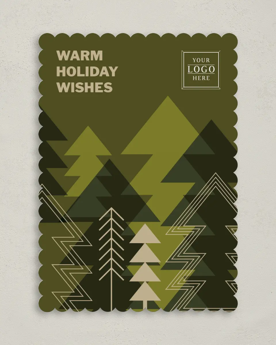 This is a 5" x 7" Christmas Card called Evergreen Angles printed in full color on Premium Smooth paper on Premium Smooth paper on Premium Smooth paper