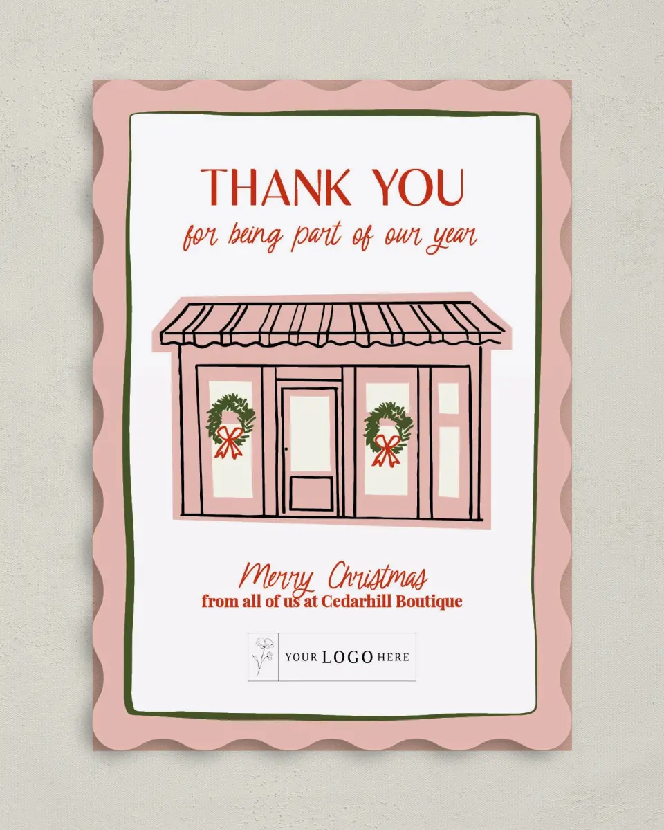 This is a 5" x 7" Christmas Card called Storefront Spirit printed in full color on Premium Smooth paper
