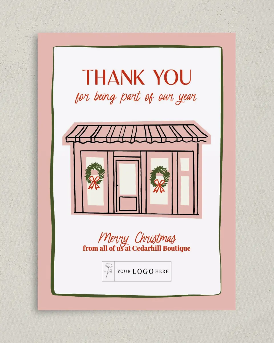 This is a 5" x 7" Christmas Card called Storefront Spirit printed in full color on Premium Smooth paper