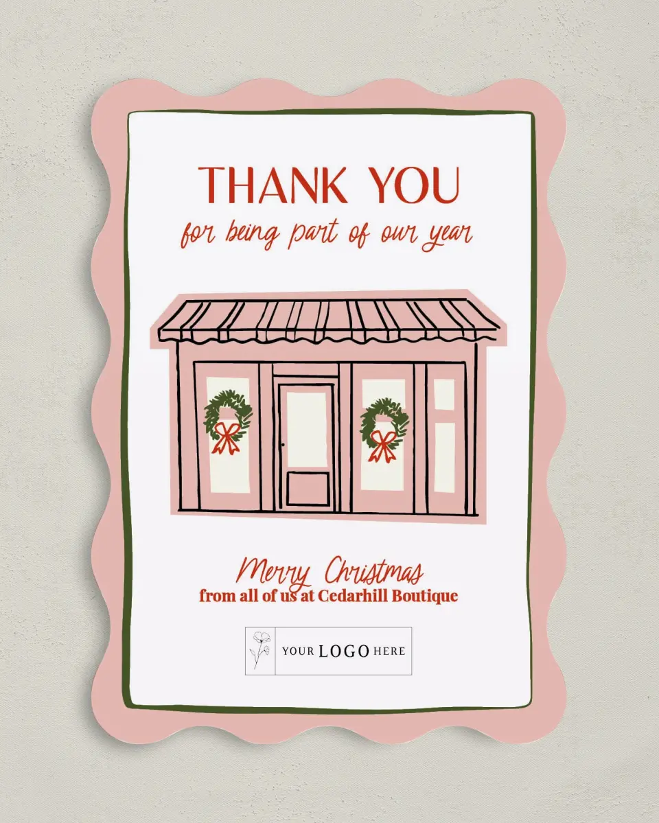 This is a 5" x 7" Christmas Card called Storefront Spirit printed in full color on Premium Smooth paper