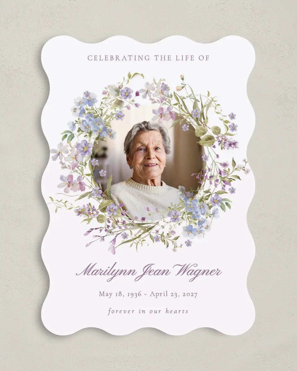 This is a 5" x 7" Memorial Card called Forever Blooming printed in full color with Rose Gold foil on Luxe Satin (coated) paper