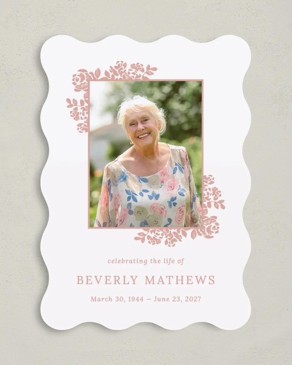 This is a 5" x 7" Memorial Card called Beloved Blooms printed in full color with Rose Gold foil on Luxe Satin (coated) paper
