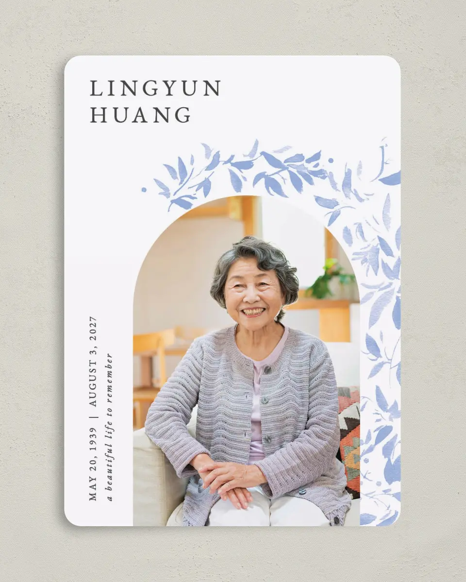 This is a 5" x 7" Memorial Card called Gentle Botanics printed in full color with Silver foil on Luxe Satin (coated) paper