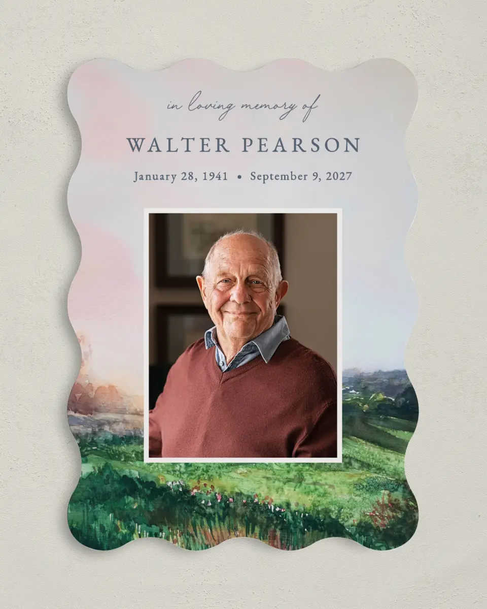 This is a 5" x 7" Memorial Card called Peaceful Horizon printed in full color with Gold foil on Luxe Satin (coated) paper