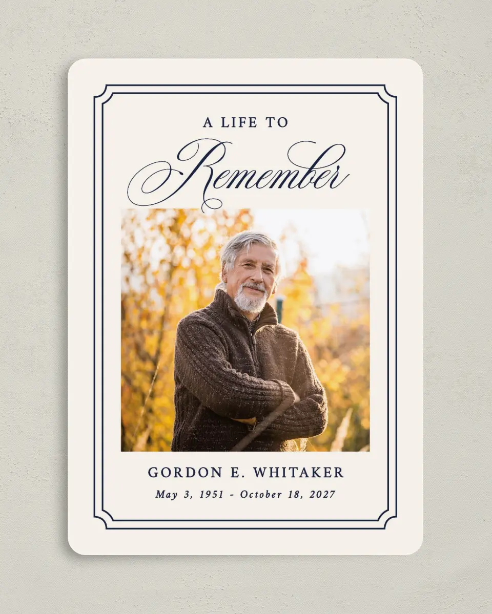 This is a 5" x 7" Memorial Card called Framed Remembrance printed in full color with Rose Gold foil on Luxe Satin (coated) paper