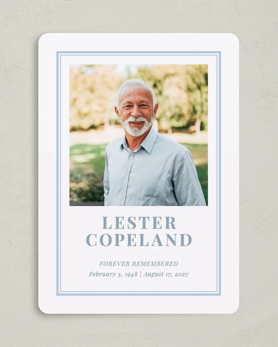 This is a 5" x 7" Memorial Card called Forever in Frame printed in full color with Silver foil on Luxe Satin (coated) paper