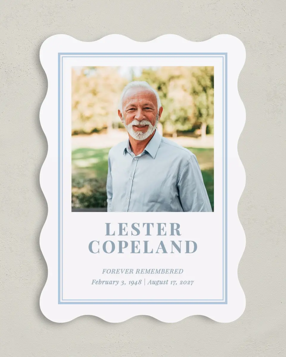 This is a 5" x 7" Memorial Card called Forever in Frame printed in full color with Rose Gold foil on Luxe Satin (coated) paper