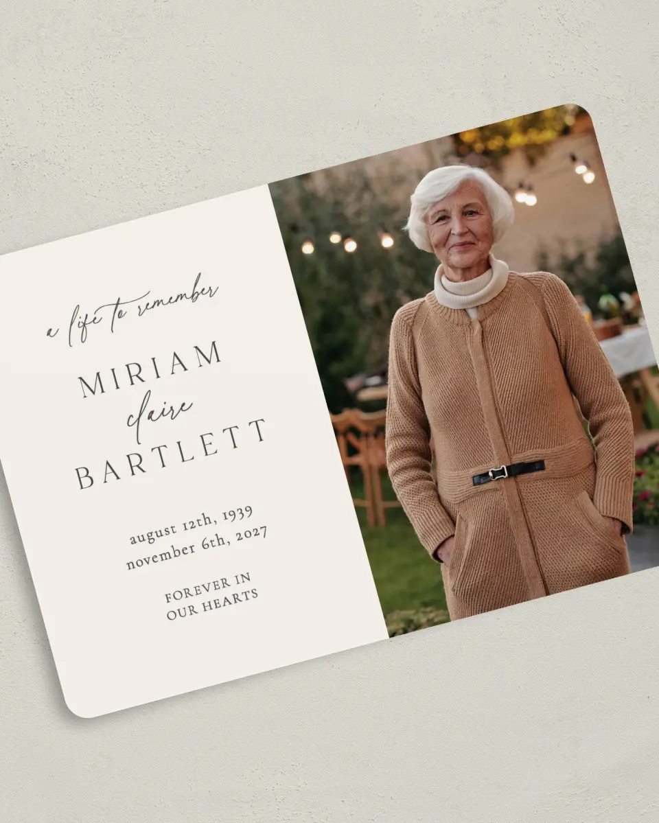 This is a 5" x 7" Memorial Card called Cherished Life printed in full color with Silver foil on Luxe Satin (coated) paper