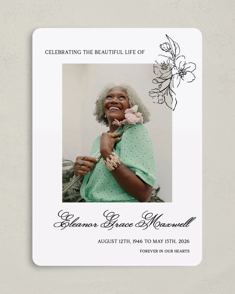 This is a 5" x 7" Memorial Card called Peaceful Petals printed in full color with Rose Gold foil on Luxe Satin (coated) paper