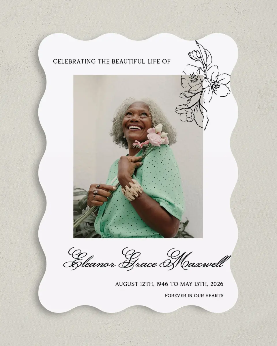 This is a 5" x 7" Memorial Card called Peaceful Petals printed in full color with Rose Gold foil on Luxe Satin (coated) paper