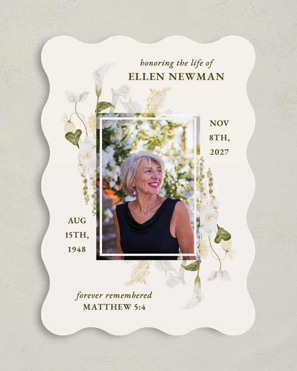 This is a 5" x 7" Memorial Card called Lovely Lilies printed in full color with Silver foil on Luxe Satin (coated) paper