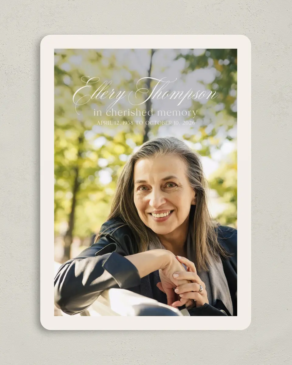 This is a 5" x 7" Memorial Card called New Light printed in full color with Silver foil on Luxe Satin (coated) paper