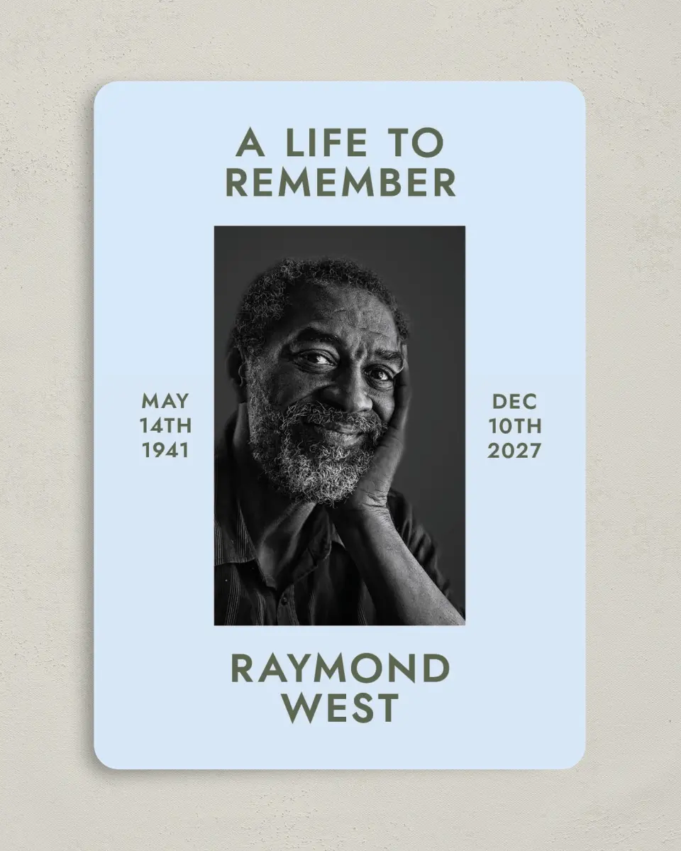 This is a 5" x 7" Memorial Card called Typed Memories printed in full color with Silver foil on Luxe Satin (coated) paper