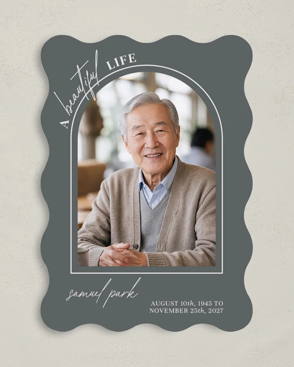This is a 5" x 7" Memorial Card called Remembered Forever printed in full color with Rose Gold foil on Luxe Satin (coated) paper