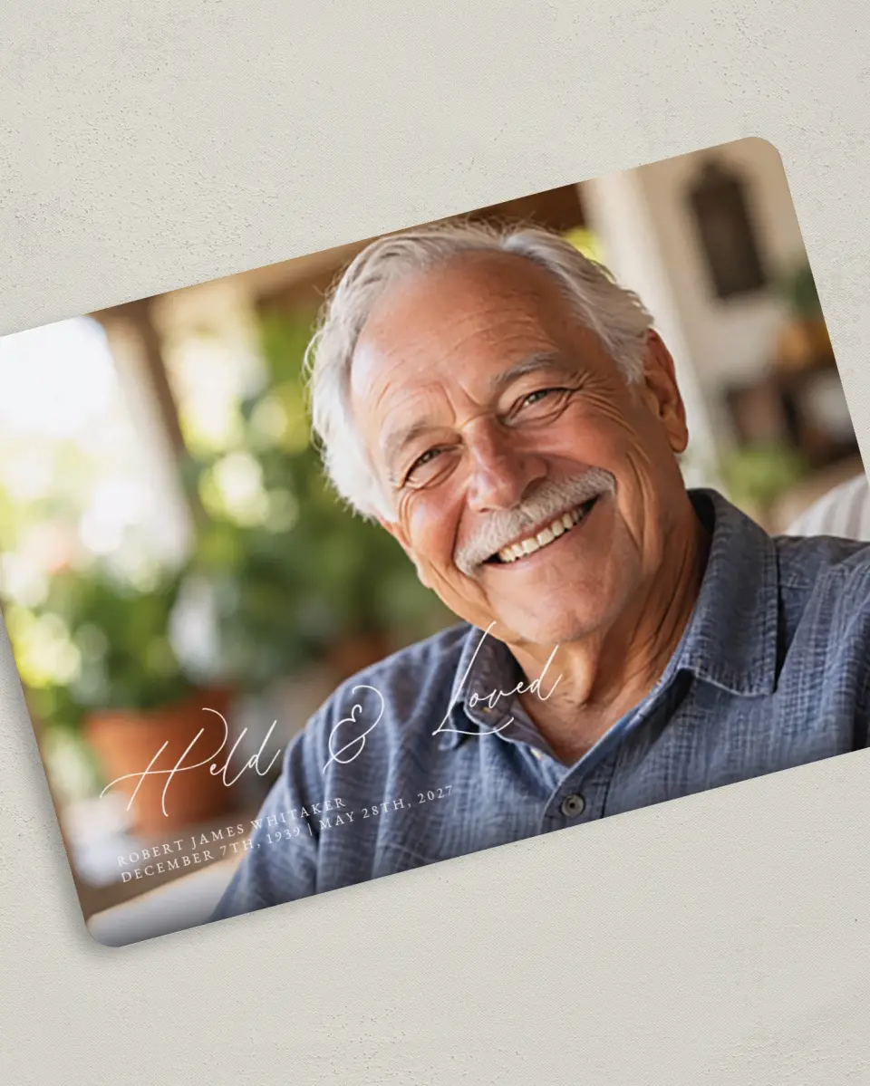 This is a 5" x 7" Memorial Card called Held & Loved printed in full color with Rose Gold foil on Luxe Satin (coated) paper