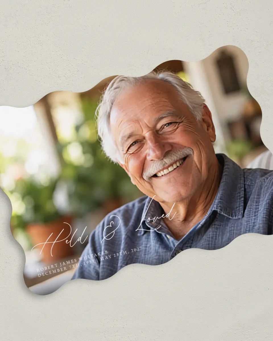 This is a 5" x 7" Memorial Card called Held & Loved printed in full color with Silver foil on Luxe Satin (coated) paper