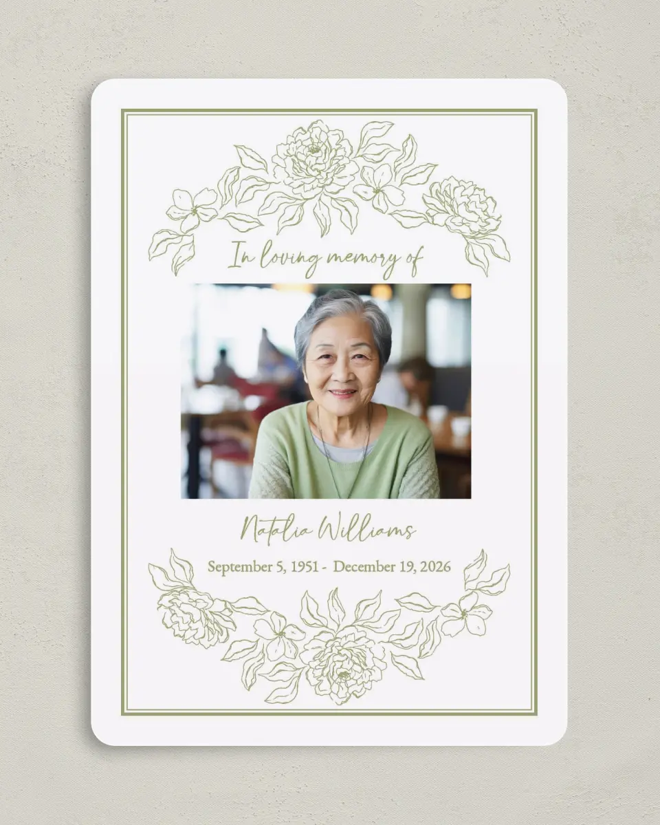 This is a 5" x 7" Memorial Card called Forever Flourishing printed in full color with Rose Gold foil on Luxe Satin (coated) paper