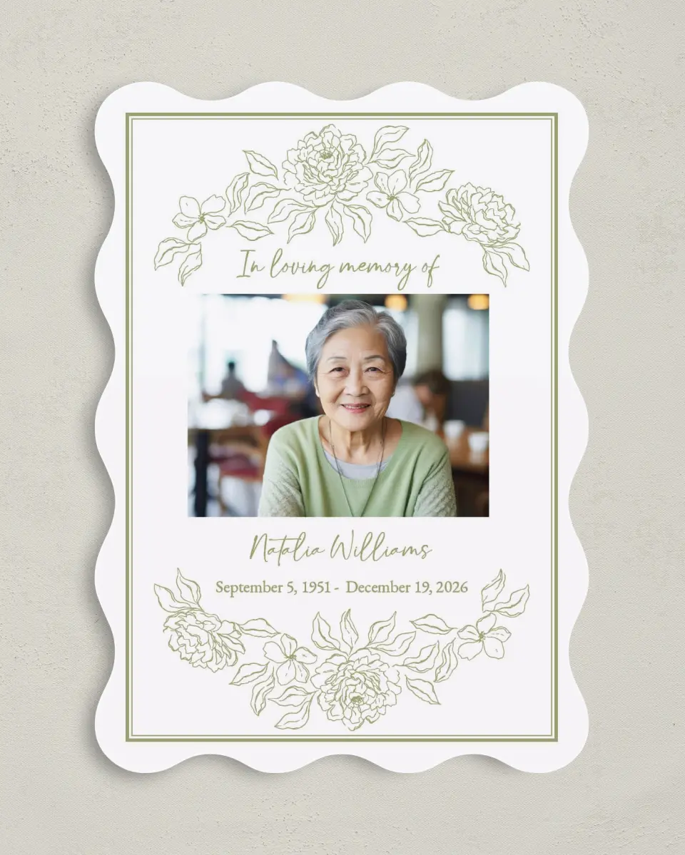 This is a 5" x 7" Memorial Card called Forever Flourishing printed in full color with Silver foil on Luxe Satin (coated) paper