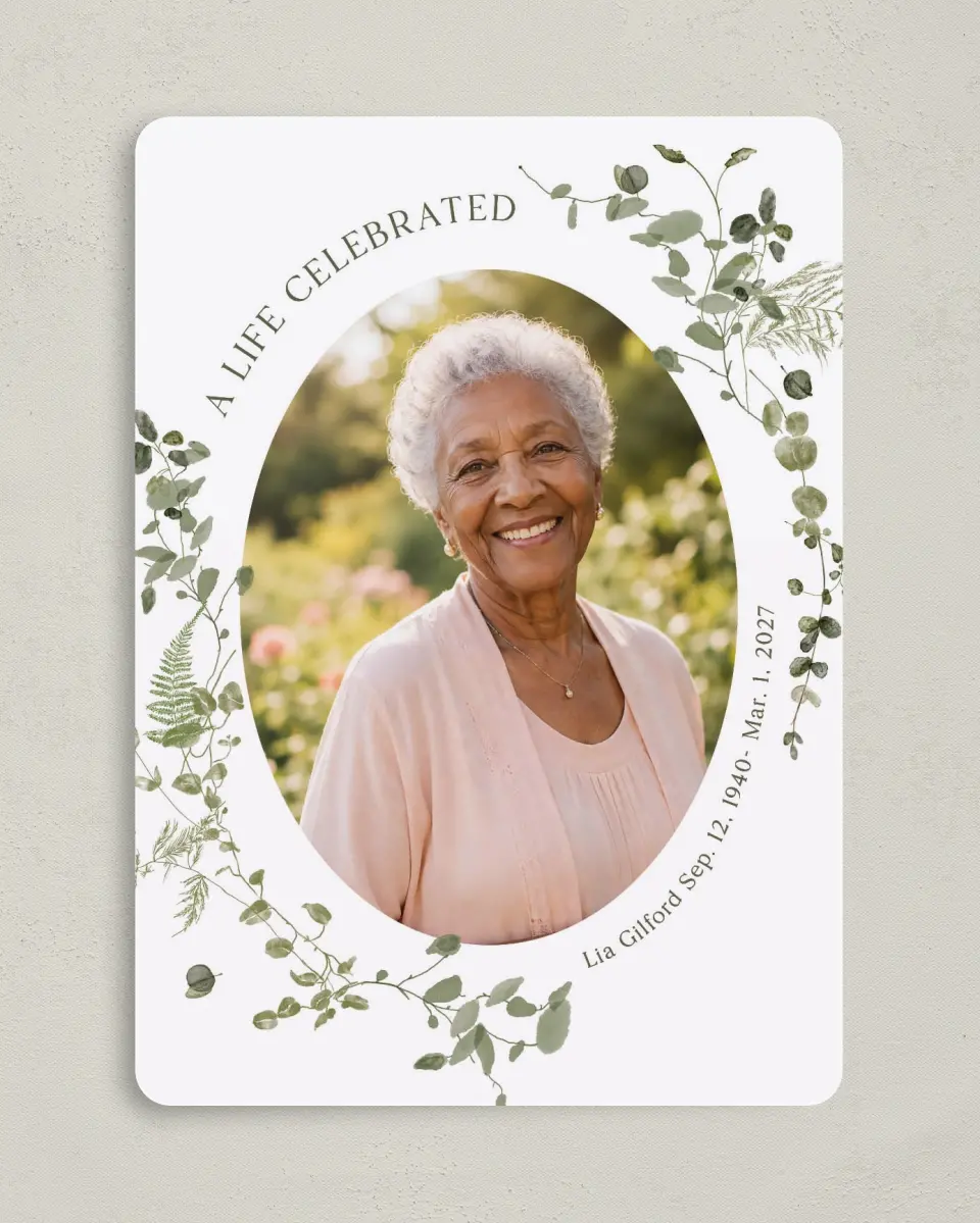This is a 5" x 7" Memorial Card called Life Legacy printed in full color with Silver foil on Luxe Satin (coated) paper