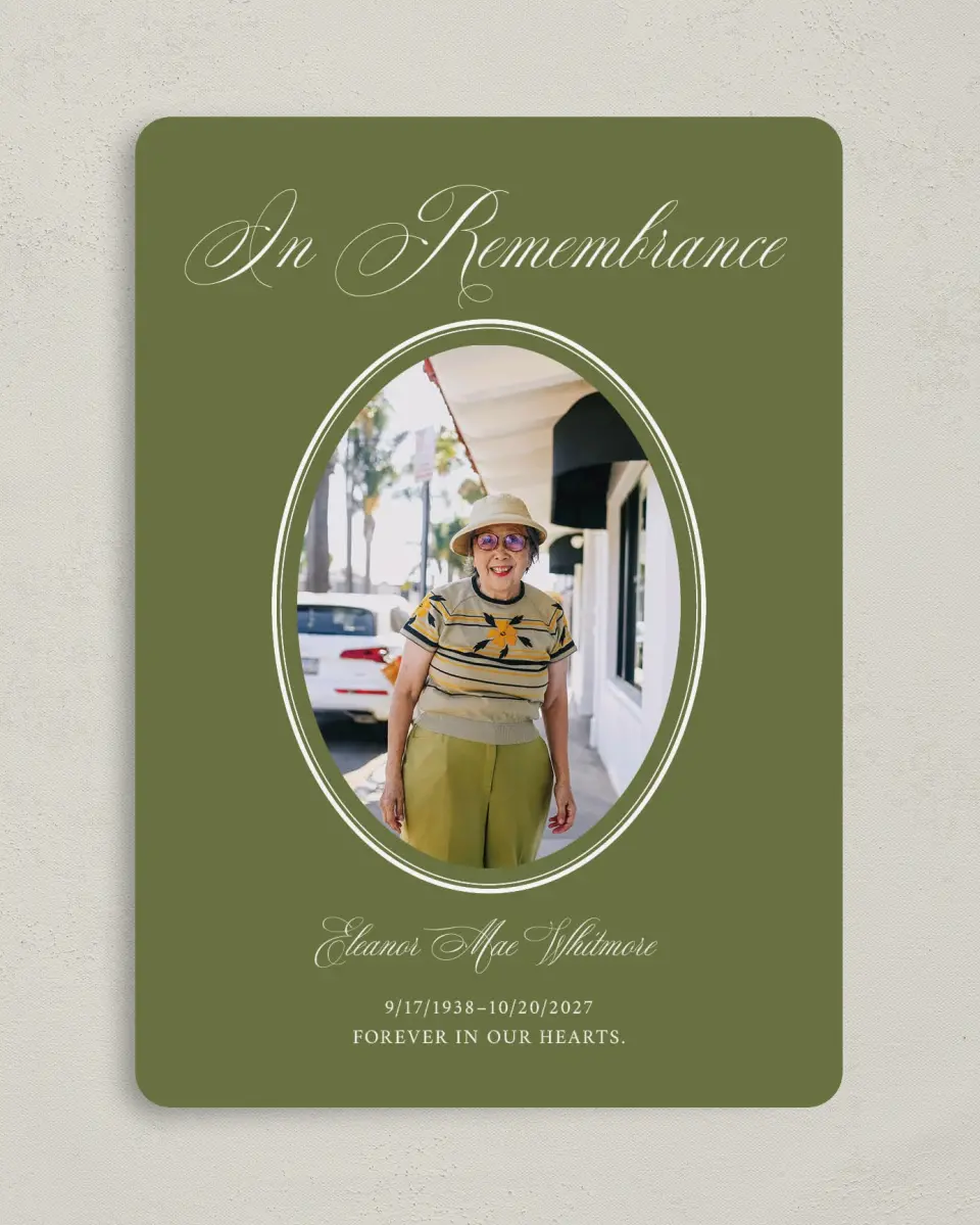 This is a 5" x 7" Memorial Card called In Remembrance printed in full color with Rose Gold foil on Luxe Satin (coated) paper