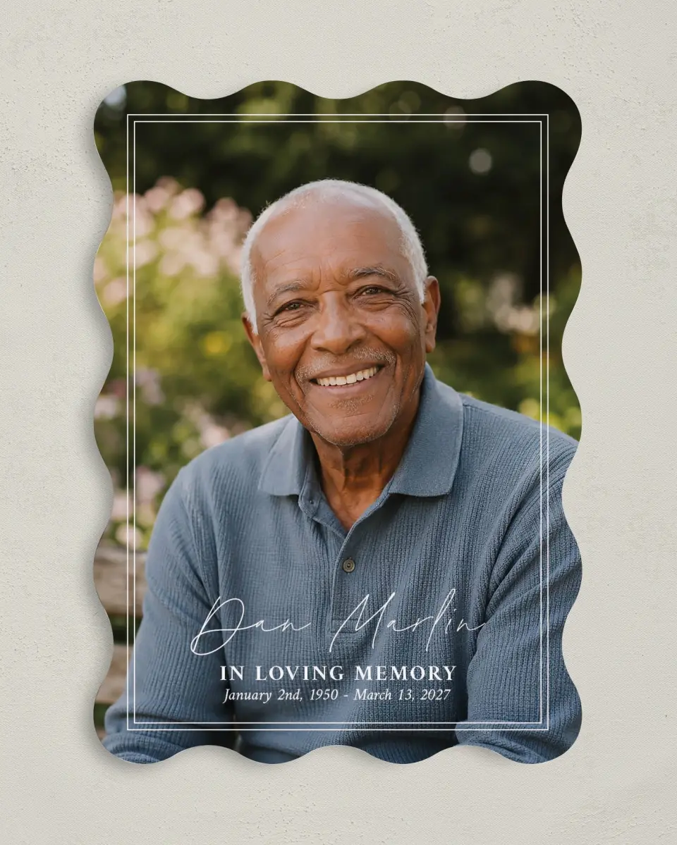 This is a 5" x 7" Memorial Card called In Memory printed in full color with Rose Gold foil on Luxe Satin (coated) paper