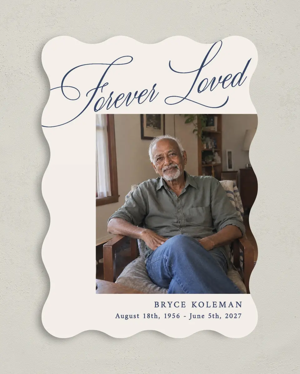 This is a 5" x 7" Memorial Card called Forever Loved printed in full color with Silver foil on Luxe Satin (coated) paper