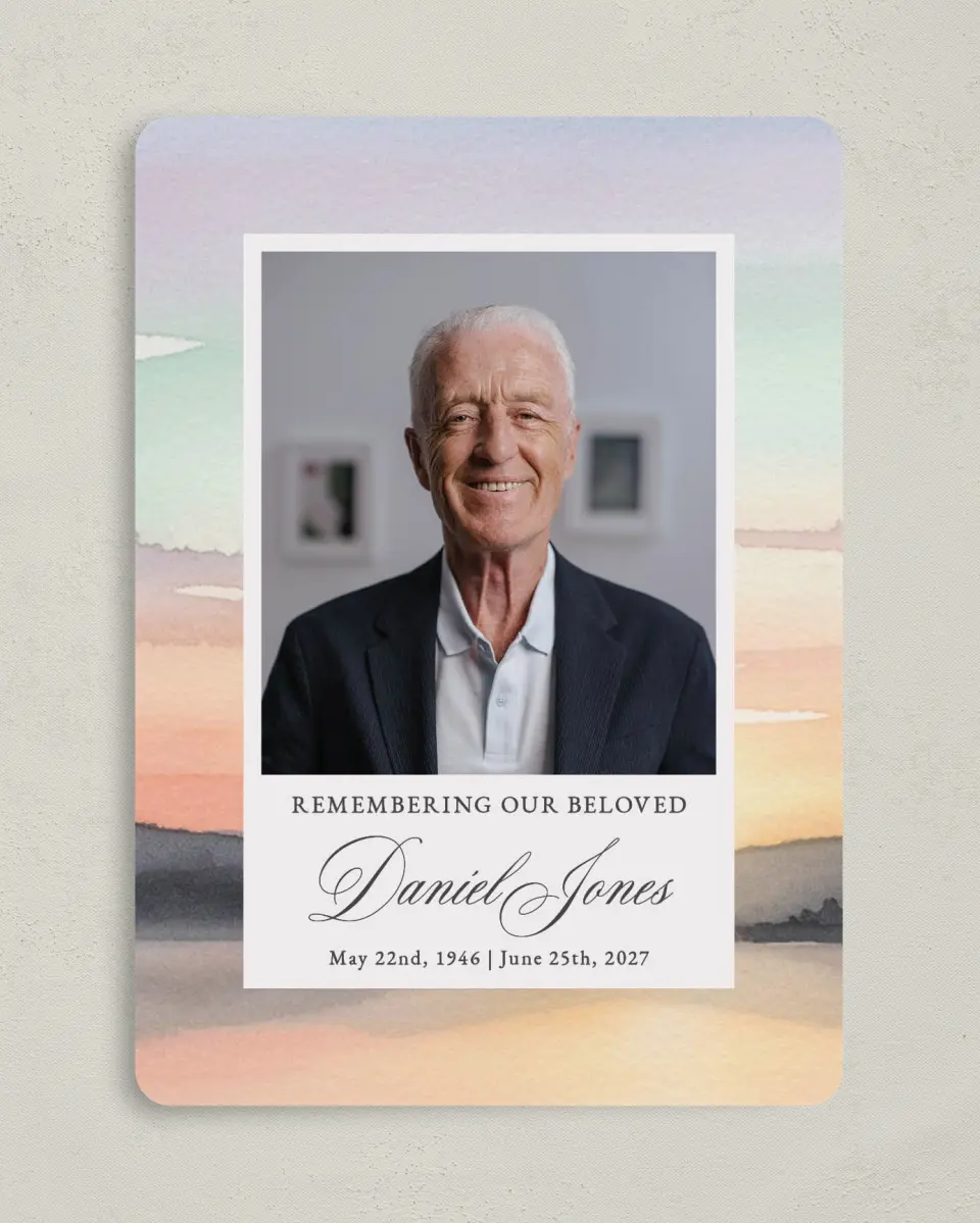 This is a 5" x 7" Memorial Card called Our Beloved printed in full color with Silver foil on Luxe Satin (coated) paper