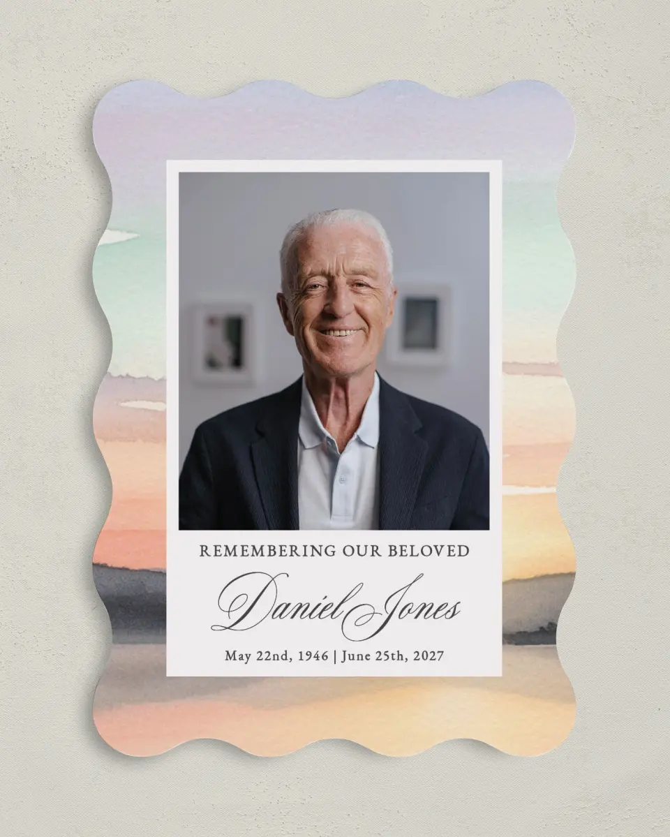 This is a 5" x 7" Memorial Card called Our Beloved printed in full color with Rose Gold foil on Luxe Satin (coated) paper