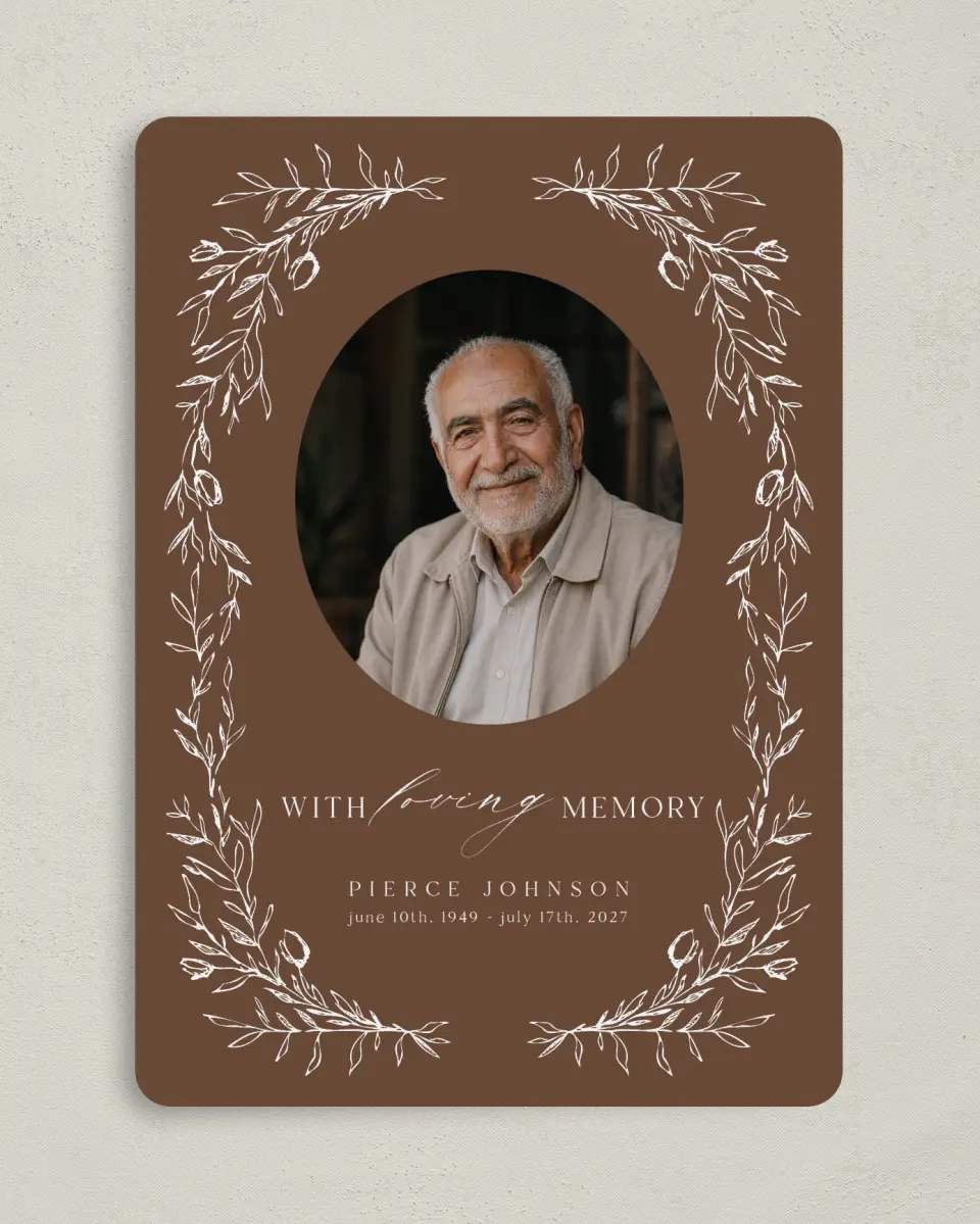 This is a 5" x 7" Memorial Card called With Loving Memory printed in full color with Rose Gold foil on Luxe Satin (coated) paper