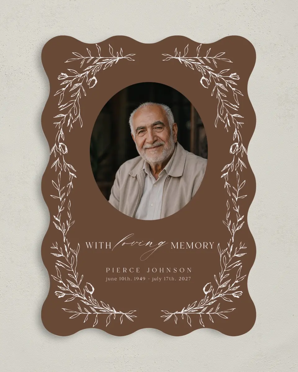 This is a 5" x 7" Memorial Card called With Loving Memory printed in full color with Rose Gold foil on Luxe Satin (coated) paper